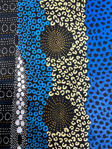 #165 Water Dreaming Ngapa (Blue/Earth) JANET LONG NAKAMARRA Aboriginal Art: 87cm x 160cm