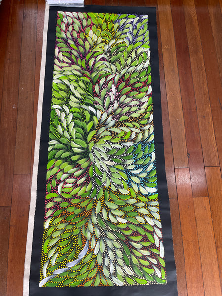#205 Bush Medicine Leaves & Seeds (Green Leaves/Multi Seeds) - CAROLINE NUMINA : Aboriginal Art: 58x150cm