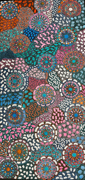 #235 Bush Flower Dreaming (Multi) - RACHAEL NAMBULA Aboriginal Art: 82cm x 167cm