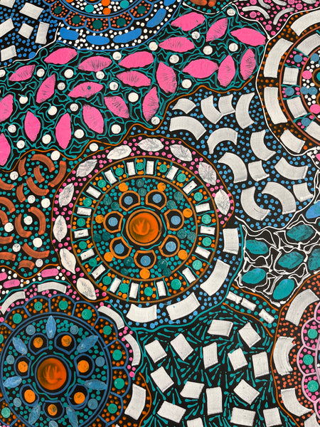 #235 Bush Flower Dreaming (Multi) - RACHAEL NAMBULA Aboriginal Art: 82cm x 167cm