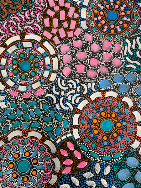 #235 Bush Flower Dreaming (Multi) - RACHAEL NAMBULA Aboriginal Art: 82cm x 167cm