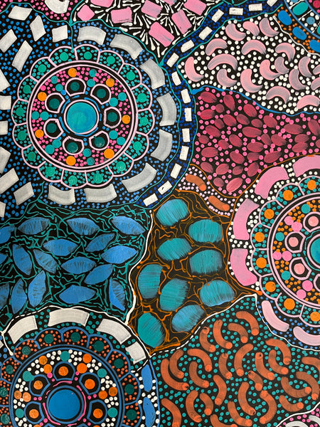 #235 Bush Flower Dreaming (Multi) - RACHAEL NAMBULA Aboriginal Art: 82cm x 167cm