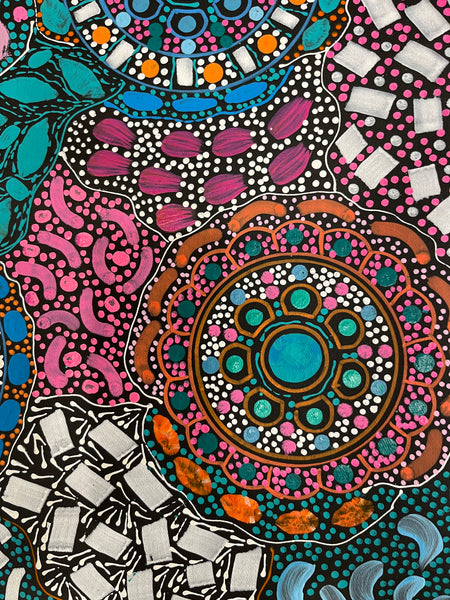 #235 Bush Flower Dreaming (Multi) - RACHAEL NAMBULA Aboriginal Art: 82cm x 167cm
