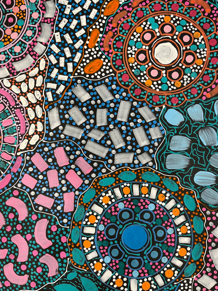 #235 Bush Flower Dreaming (Multi) - RACHAEL NAMBULA Aboriginal Art: 82cm x 167cm