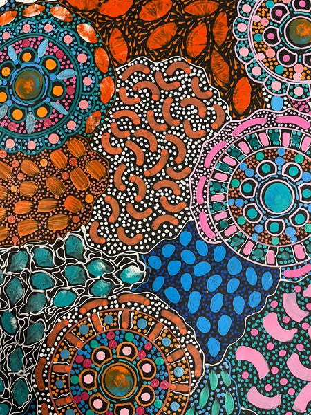 #235 Bush Flower Dreaming (Multi) - RACHAEL NAMBULA Aboriginal Art: 82cm x 167cm