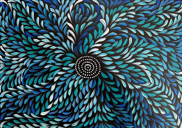 #401 Bush Medicine Leaves (Blues) - CAROLINE NUMINA Aboriginal Art:  38cm x 53cm