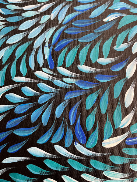 #401 Bush Medicine Leaves (Blues) - CAROLINE NUMINA Aboriginal Art:  38cm x 53cm