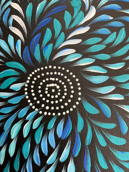 #401 Bush Medicine Leaves (Blues) - CAROLINE NUMINA Aboriginal Art:  38cm x 53cm