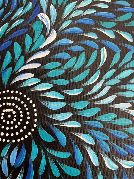 #401 Bush Medicine Leaves (Blues) - CAROLINE NUMINA Aboriginal Art:  38cm x 53cm