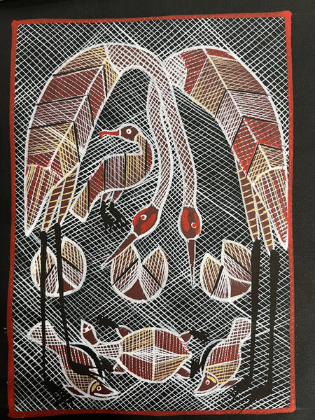 #82 Brolga at the Billabong - EDDIE BLITNER Aboriginal Art:  39cm x 52cm