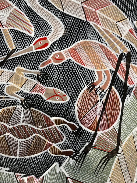 #390 Crocodile at the Billabong - EDDIE BLITNER Aboriginal Art:  150cm x 70cm