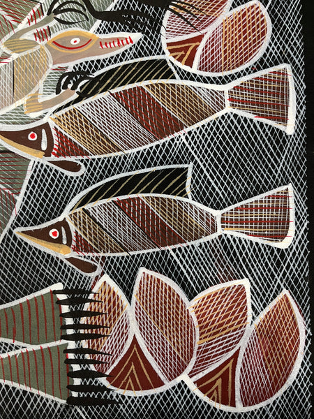 #390 Crocodile at the Billabong - EDDIE BLITNER Aboriginal Art:  150cm x 70cm