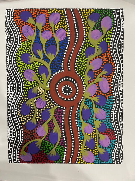 #226 Women Collecting Bush Plums (Multi) - LOUISE NUMINA : Aboriginal Art: 31x41cm