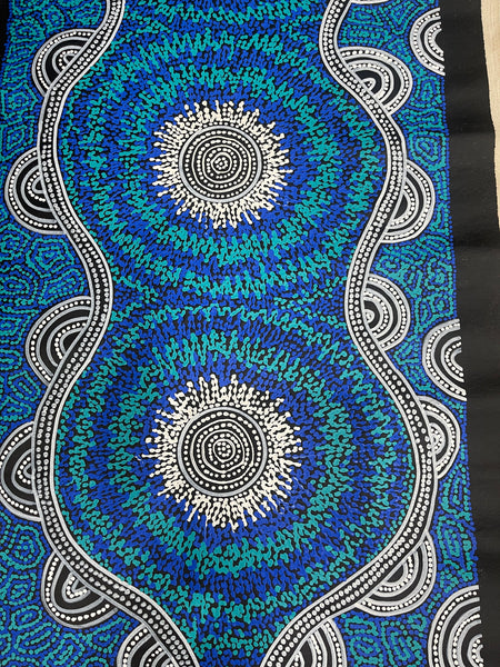 #332 Emu Dreaming (Blues) - SHARON NUMINA : Aboriginal Art: 138x60cm