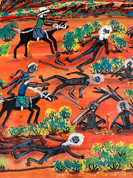 #376 Coniston Massacre (True Story) - REGGIE SULTAN APENGARTE Aboriginal Artist:  146cm x 86cm