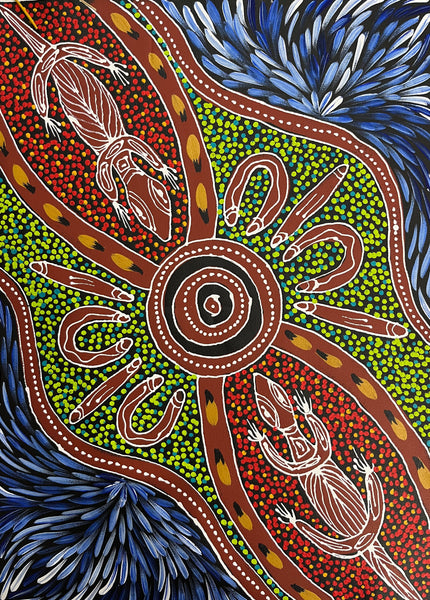 #61 Women Hunting Goanna (Multi) - SHARON NUMINA Aboriginal Art: 39cm x 54cm