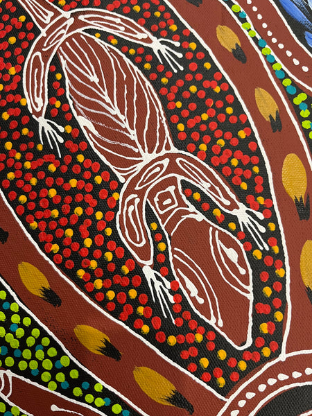 #61 Women Hunting Goanna (Multi) - SHARON NUMINA Aboriginal Art: 39cm x 54cm