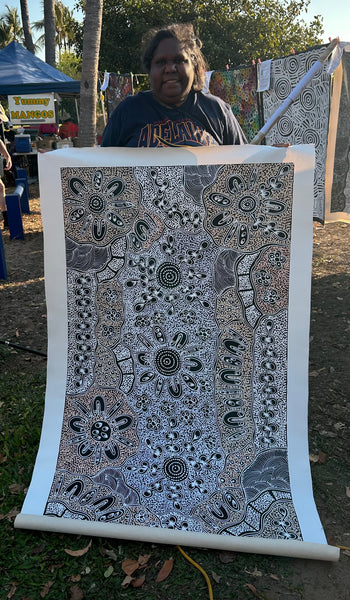 #137 My Country Dreaming (White/Beige) - SHARON NUMINA : Aboriginal Art 146cm x 83cm