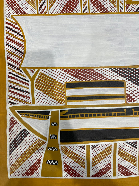 #258 "Macassans Arrive at Elcho Island": Sylvia Mulwanany Burarrwanga - ABORIGINAL ART: 51x67cm