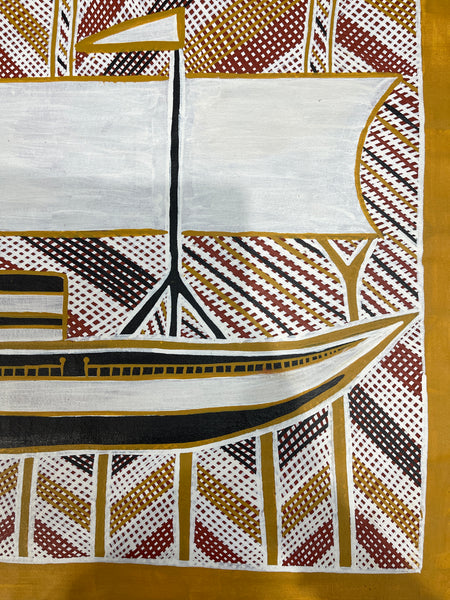 #258 "Macassans Arrive at Elcho Island": Sylvia Mulwanany Burarrwanga - ABORIGINAL ART: 51x67cm