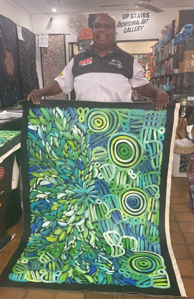 #138 Women's Body Design and Bush Medicine Leaves - Ceremony (Green) LOUISE NUMINA : Aboriginal Art: 134 x 94cm