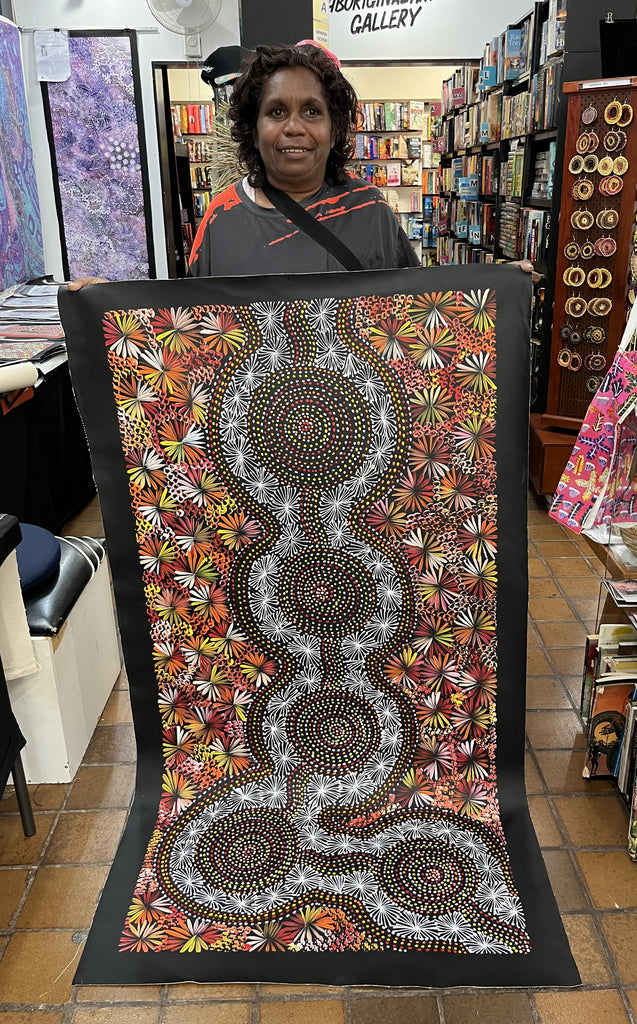 #261 Waterholes & Bush Medicine Leaves (Sunset) - SELINA NUMINA Aboriginal Art:  76cm x 153cm