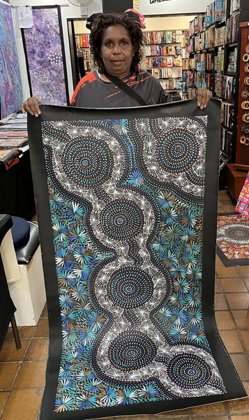 #111 Waterholes & Bush Medicine Leaves (Blues)- SELINA NUMINA Aboriginal Art:  75cm x 153cm