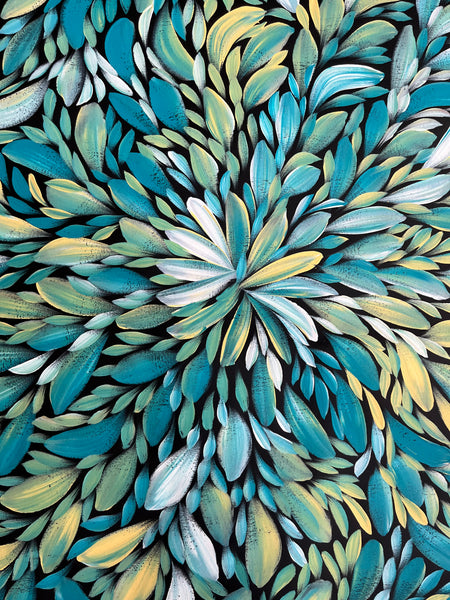 #13 Bush Medicine Leaves (Turquoise) - LOUISE NUMINA : Aboriginal Art 89cm x 139cm