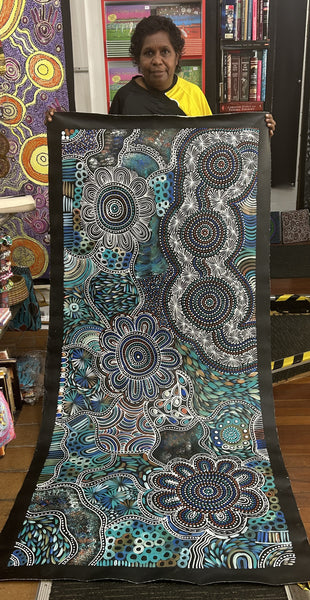 #48 Women Collecting Bush Tucker (Multi)- SELINA NUMINA : Aboriginal Art: 197cm x 85cm