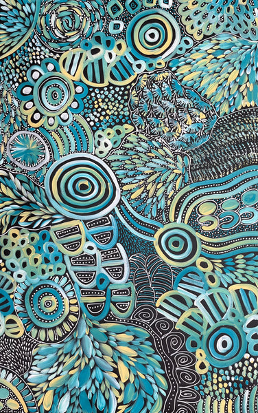 #227 My Dreamtime Stories (Turquoise)- LOUISE NUMINA : Aboriginal Art 88cm x 140cm