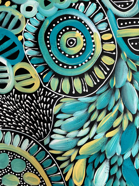 #227 My Dreamtime Stories (Turquoise)- LOUISE NUMINA : Aboriginal Art 88cm x 140cm