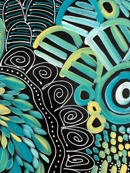#227 My Dreamtime Stories (Turquoise)- LOUISE NUMINA : Aboriginal Art 88cm x 140cm