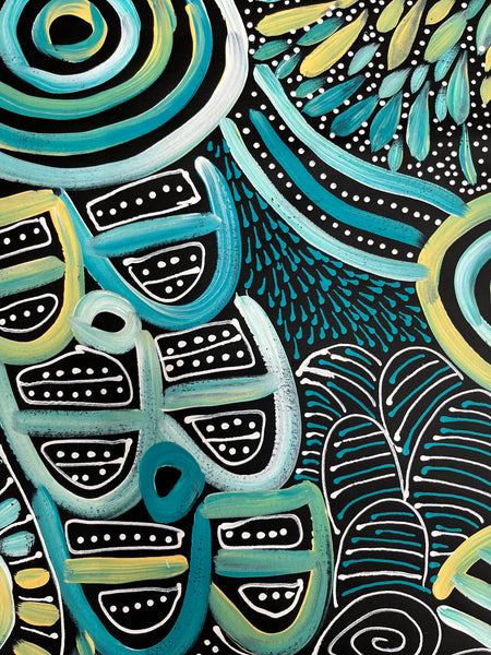 #227 My Dreamtime Stories (Turquoise)- LOUISE NUMINA : Aboriginal Art 88cm x 140cm