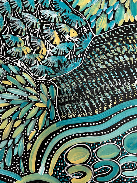#227 My Dreamtime Stories (Turquoise)- LOUISE NUMINA : Aboriginal Art 88cm x 140cm