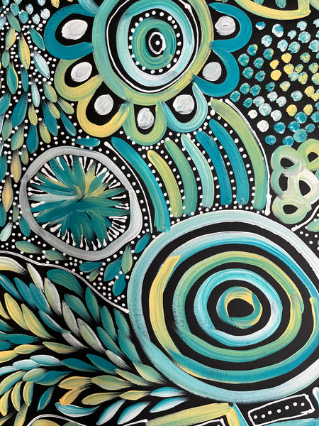 #227 My Dreamtime Stories (Turquoise)- LOUISE NUMINA : Aboriginal Art 88cm x 140cm