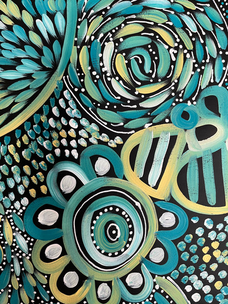 #227 My Dreamtime Stories (Turquoise)- LOUISE NUMINA : Aboriginal Art 88cm x 140cm