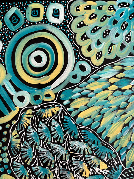 #227 My Dreamtime Stories (Turquoise)- LOUISE NUMINA : Aboriginal Art 88cm x 140cm
