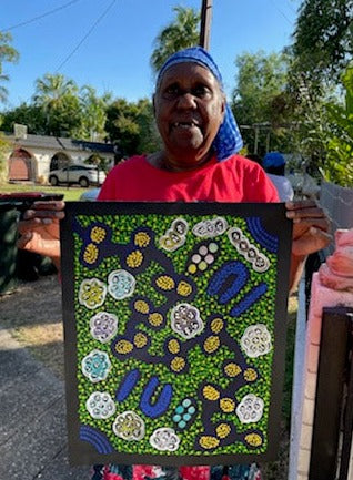 #273 Collecting Bush Tucker (Multi/Greens) - LANITA NUMINA : Aboriginal Art: 35x46cm