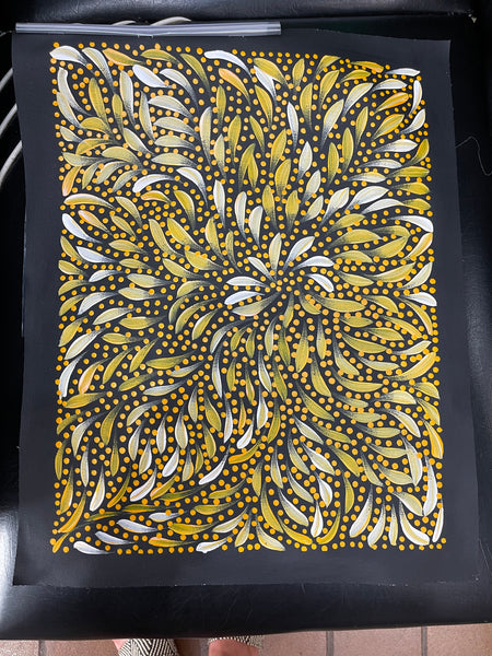 #186 Bush Medicine Leaves & Seeds (Yellow) - CAROLINE NUMINA : Aboriginal Art: 35x45cm