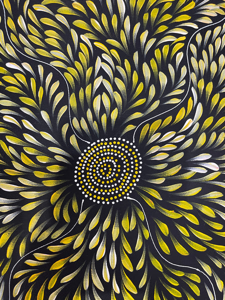 #226 Bush Medicine Leaves & Seeds around Waterhole (Yellow) - CAROLINE NUMINA : Aboriginal Art: 35x45cm