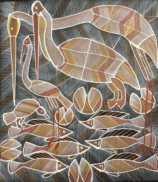 #393 Brolga at the Billabong - EDDIE BLITNER Aboriginal Art: 63cm x 71cm