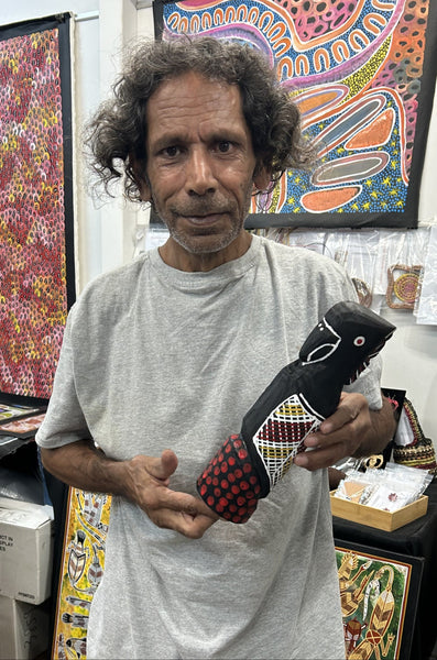 #82 Black Cockatoo Carving- KENNY REID: Aboriginal Art: 29cm x 8cm x 8cm