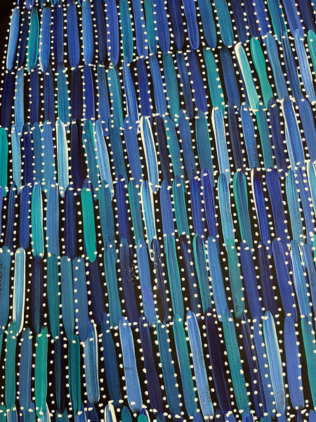 #251 Seeded Bush Yams (Blues) - SELINA NUMINA Aboriginal Art:  69cm x 141cm