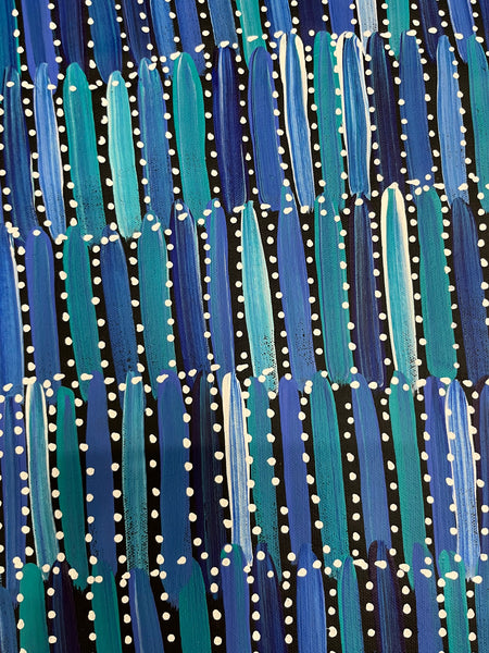 #251 Seeded Bush Yams (Blues) - SELINA NUMINA Aboriginal Art:  69cm x 141cm