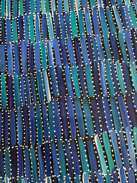 #251 Seeded Bush Yams (Blues) - SELINA NUMINA Aboriginal Art:  69cm x 141cm