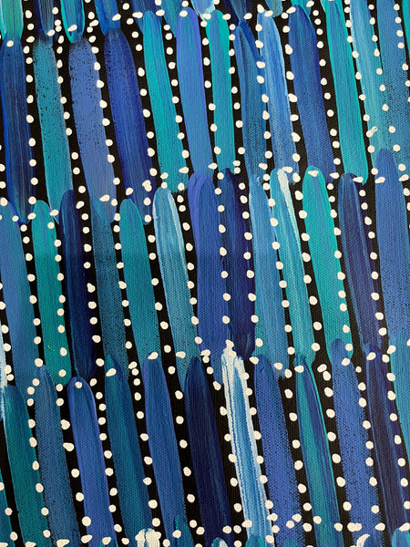 #251 Seeded Bush Yams (Blues) - SELINA NUMINA Aboriginal Art:  69cm x 141cm