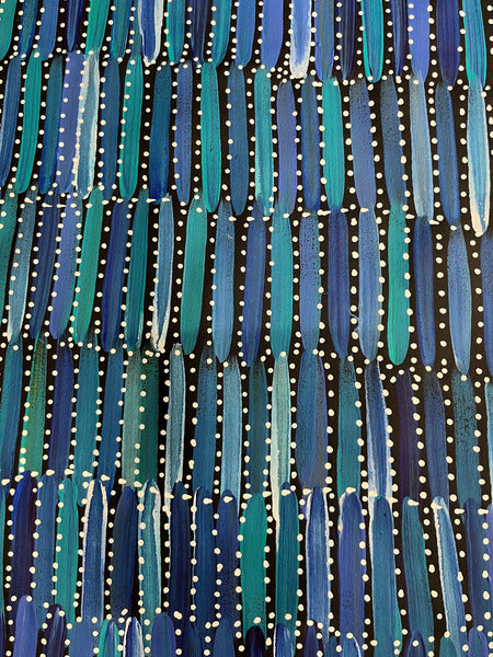 #251 Seeded Bush Yams (Blues) - SELINA NUMINA Aboriginal Art:  69cm x 141cm