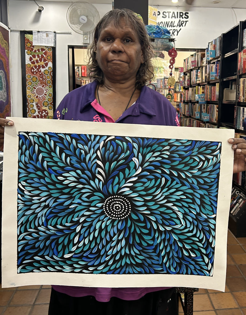 #401 Bush Medicine Leaves (Blues) - CAROLINE NUMINA Aboriginal Art:  38cm x 53cm