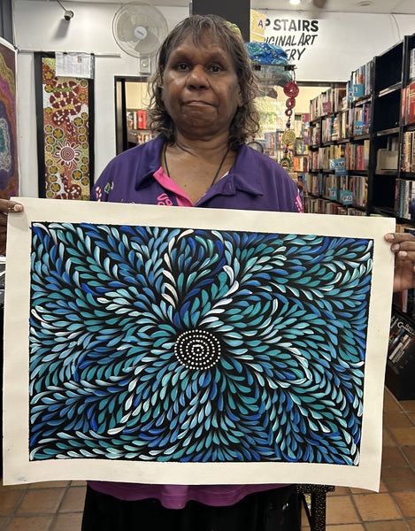 #401 Bush Medicine Leaves (Blues) - CAROLINE NUMINA Aboriginal Art:  38cm x 53cm