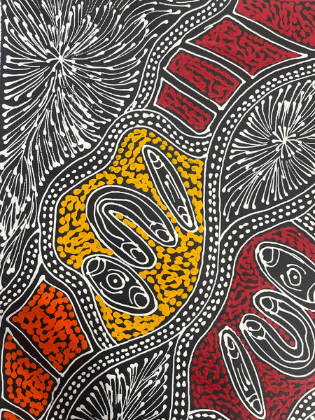 #104 My Country Dreaming (Red/Orange/White) - SHARON NUMINA : Aboriginal Art: 38x54cm